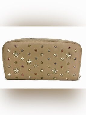 Jimmy Choo Filipa Beige Star Studded Leather Zip Around Wallet
